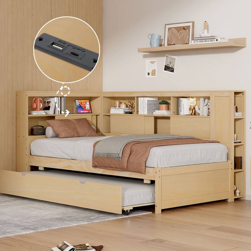 Wooden Twin Daybed with Built-In Storage Shelves, USB Port, and Trundle - Natural - Natural - Twin