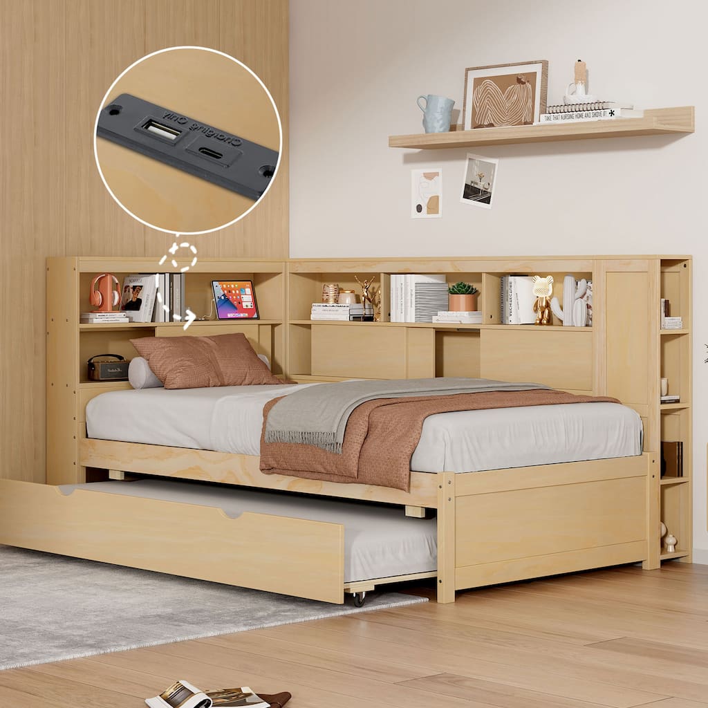 Wooden Twin Daybed with Built-In Storage Shelves, USB Port, and Trundle - Natural