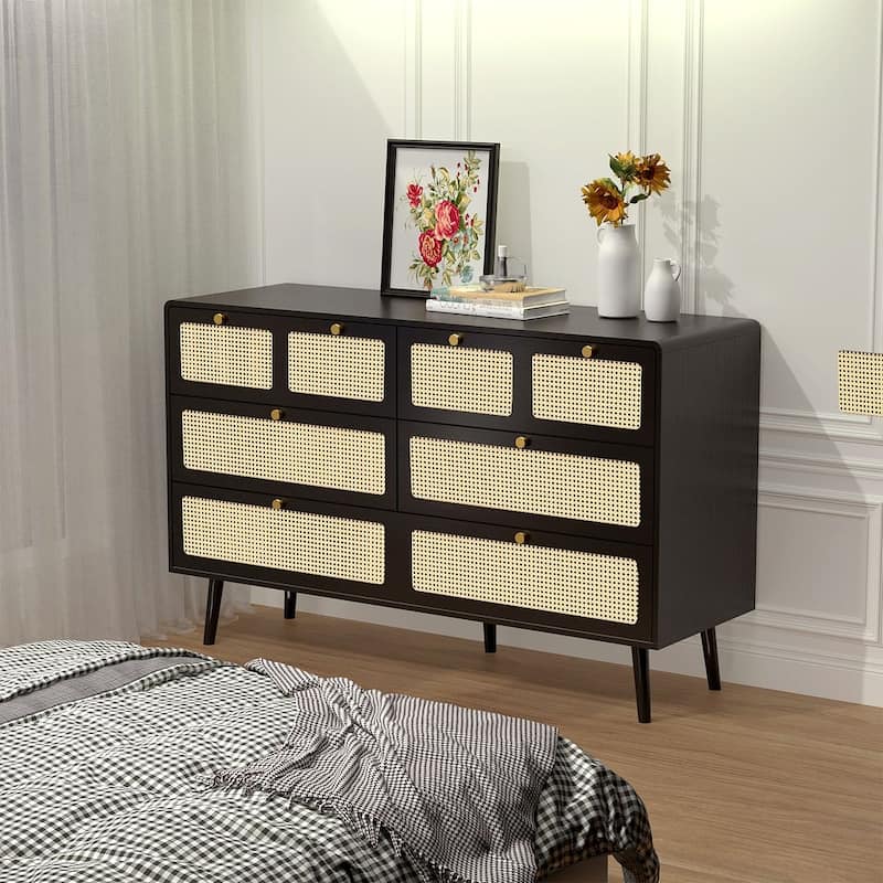 Modern Rattan Dressing Counter with Metal Handle Drawers