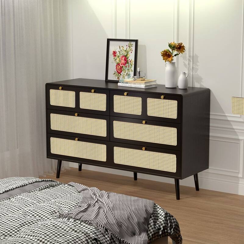 Modern Rattan Dressing Counter with Metal Handle Drawers