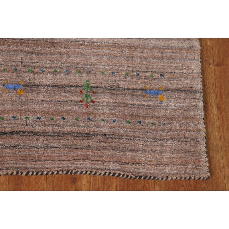 Hand Knotted Oriental 100% Wool Carpet Tribal Stripe Brown Gabbeh Area Rug - 4' 10'' X 3' 0''
