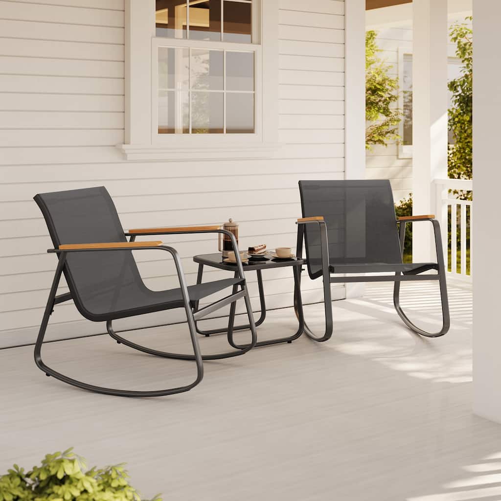 3 Piece Rocking Bistro Set, Textilene Fabric Patio Furniture Set, Front Porch Rocker Chairs