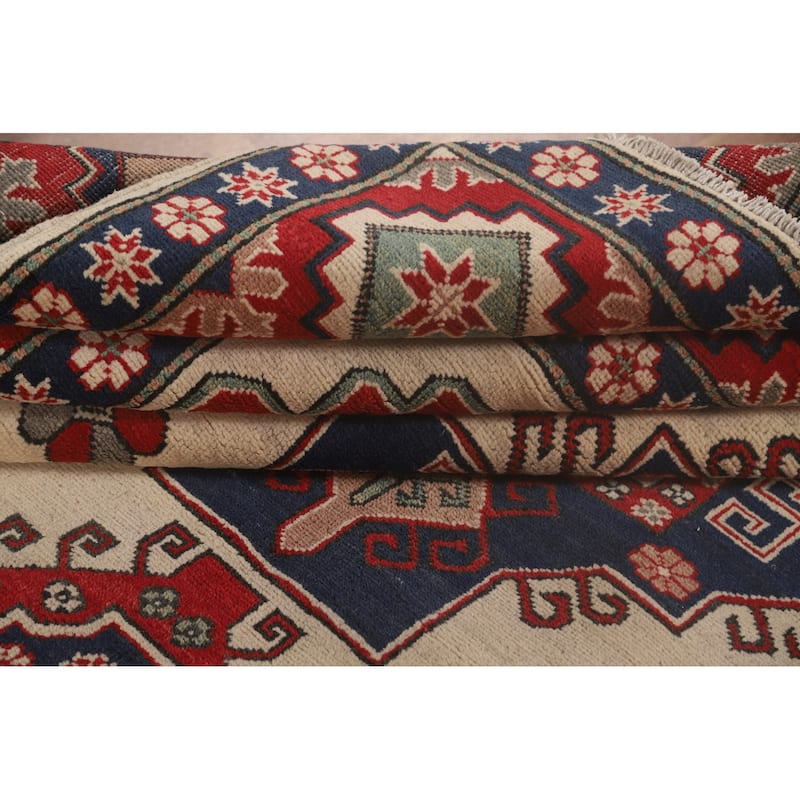 Ivory Geometric Kazak Oriental Area Rug Handmade Wool Carpet - 8'4"x 11'7"