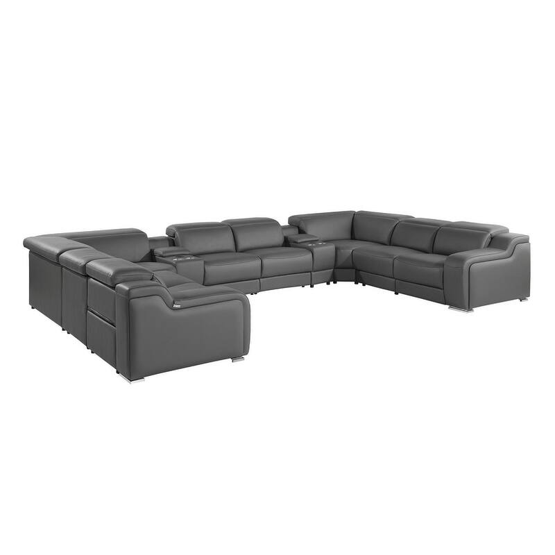 HomeRoots Dark Gray Italian Leather Power Reclining U Shaped Ten Piece Corner Sectional With Console