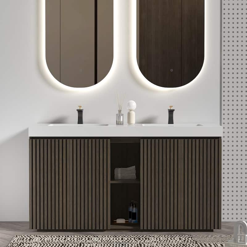 GDFStudio - Galan 60" Freestanding Bathroom Vanity with Quartz Sink, Solf Close Doors, Open Storage Shelf, NO Drain & Faucet - Oak,Smoke+White
