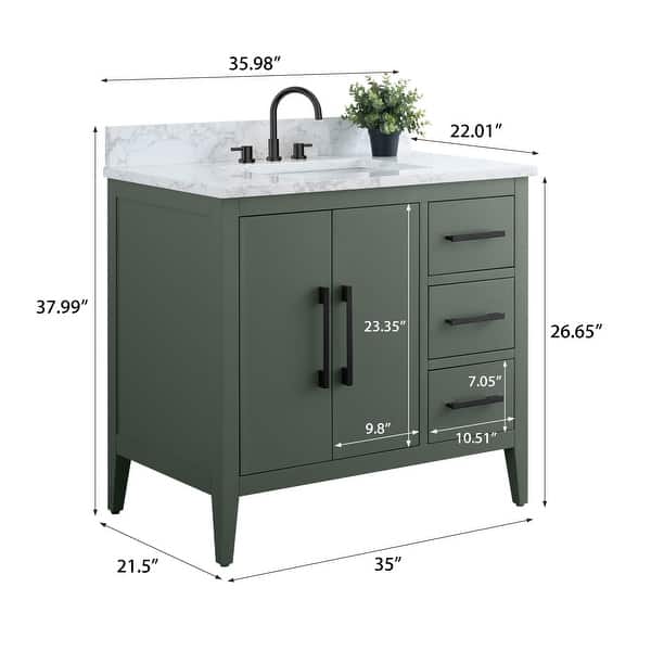 dimension image slide 9 of 10, Vanity Art 36" Single Sink Bathroom Vanity Cabinet with Engineered Marble Countertop