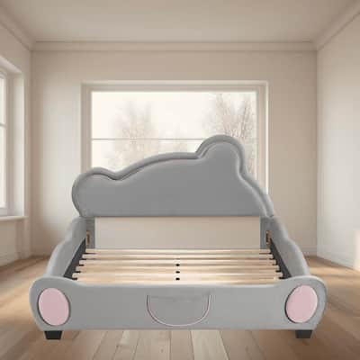 Cartoon Full Size Velvet Platform Bed Frame with Adorable Bear-Shaped Headboard and Bed-End Storage Pockets for Bedrooms