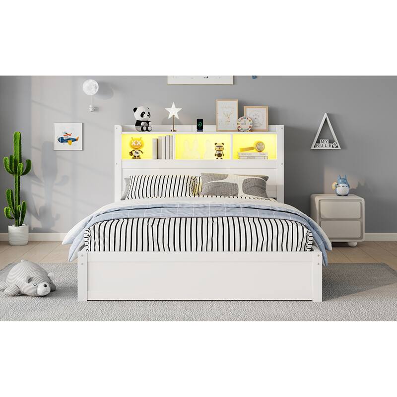 Roomfitters Twin/Full Platform Bed, LED Bookcase Headboard and Pull Out Storage Drawers with Wooden Frame for Bedrooms