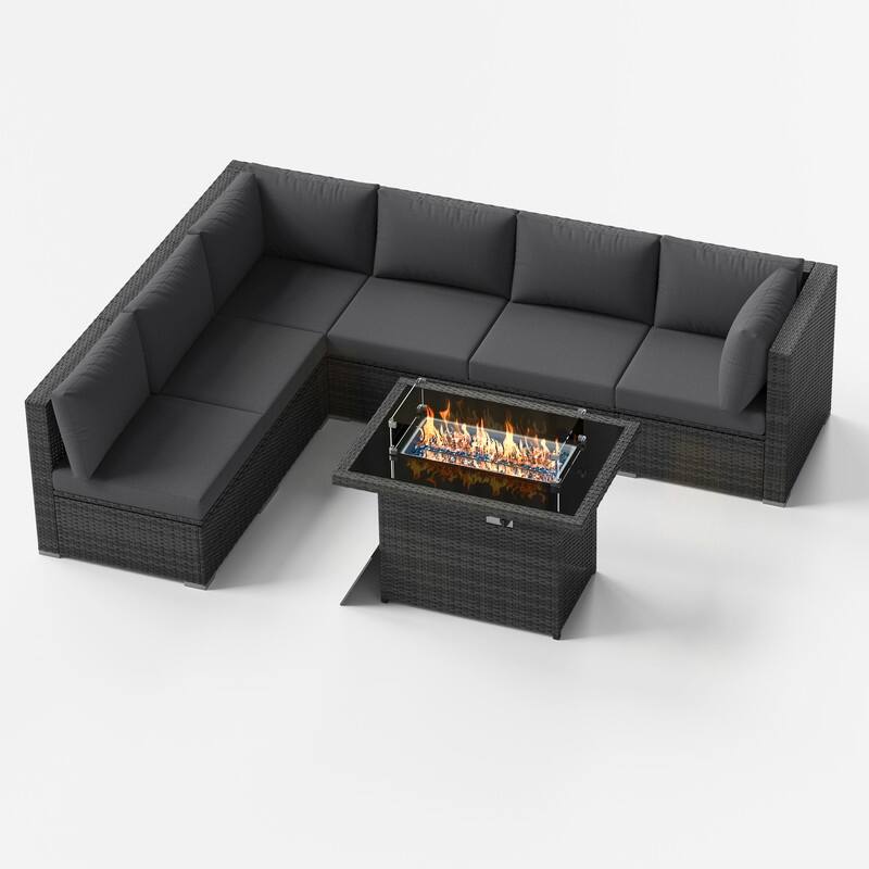 FINCATI Outdoor 7-piece High-back Wicker Patio Sectional Set with 43'' Fire Pit Table, 500 lbs Luxury Oversized Conversation Set
