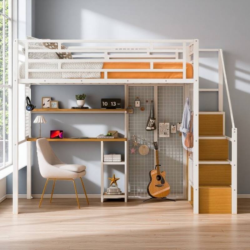 Full Metal Loft with Desk, Built-In Closet, and Multi-Level Storage Shelving - White