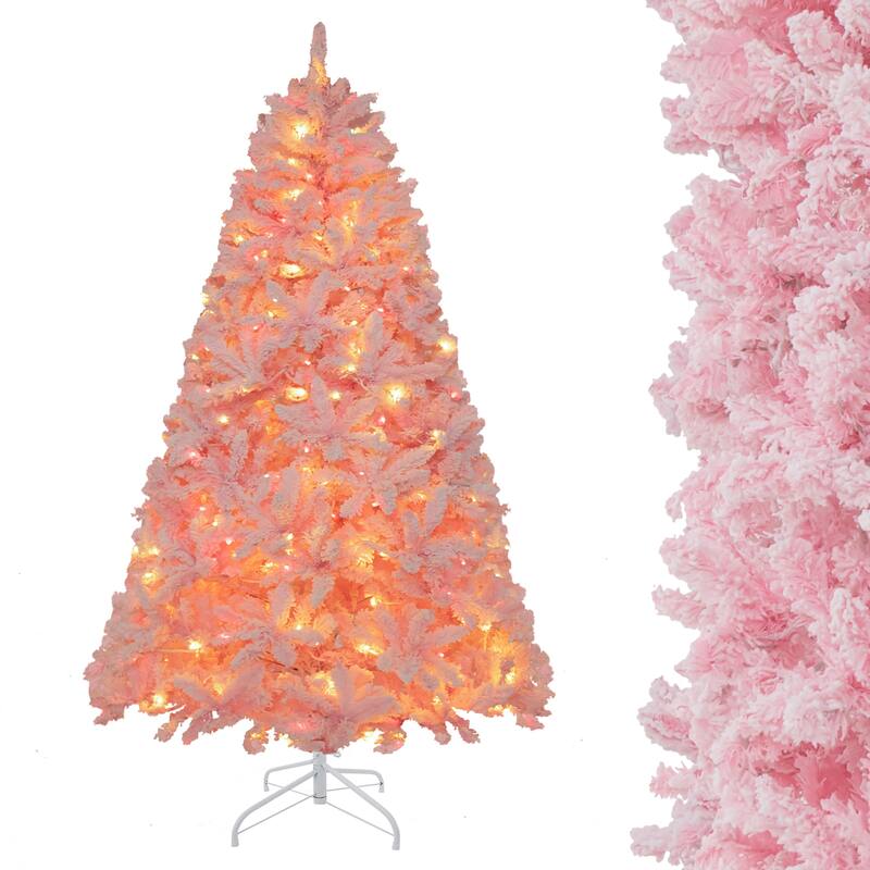 Gymax 6FT Pink Artificial Christmas Tree Pre-lit Hinged Snow Flocked