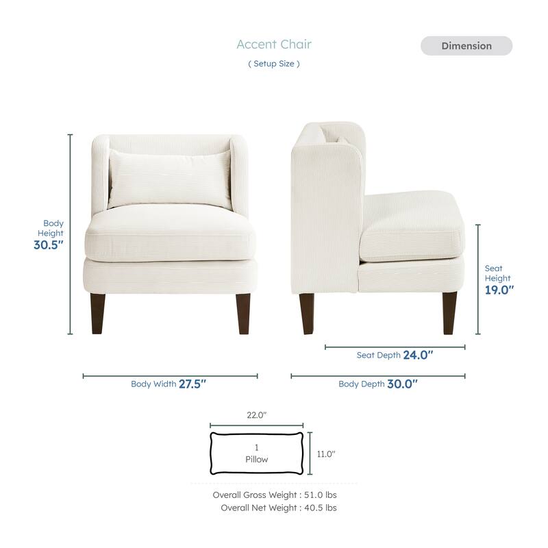 Clara 27.5" Corduroy Fabric Accent Chair - Matching Pillow
