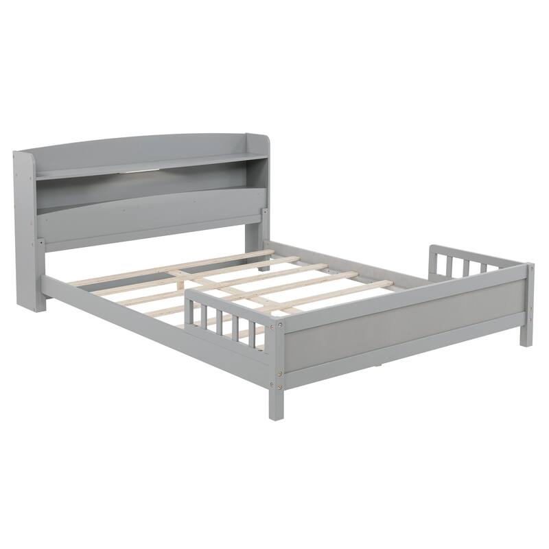Full Size Pine Bed w/ Bookcase Headboard ,LED Sensor Light, Guardrails