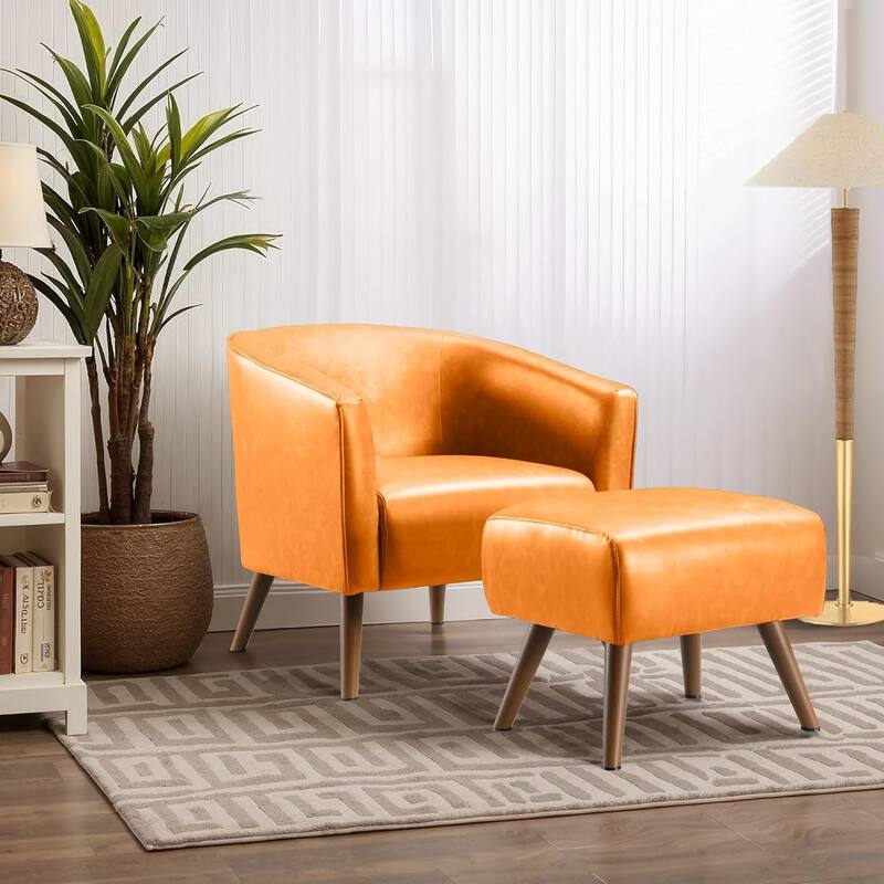 Accent Chair with Ottoman,Modern Barrel Chair and Footrest,Mid Century Living Room Chairs,Upholstered Armchair - Orange