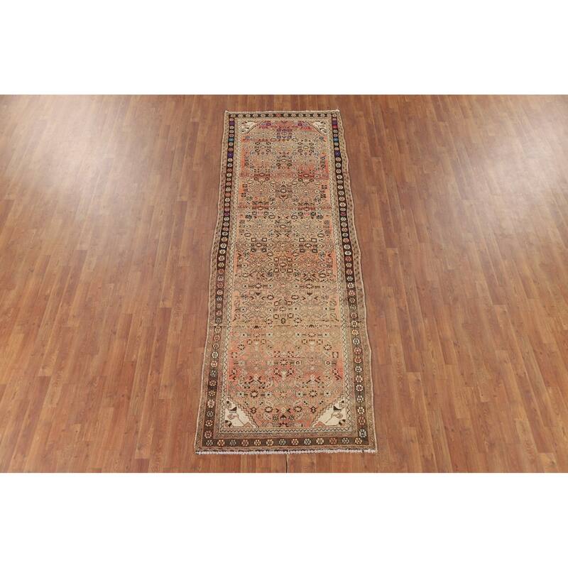 Hamedan Vintage Persian Runner Rug Handmade Orange Wool Carpet - 3'5" x 10'4"