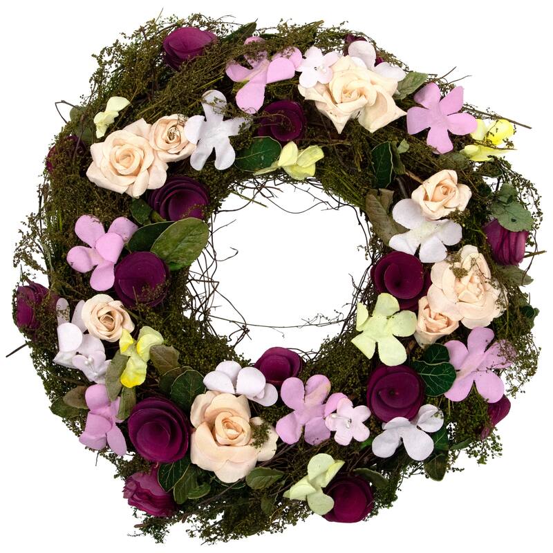 Purple Green Floral, Berries Twig Artificial Spring Floral Wreath, 14"