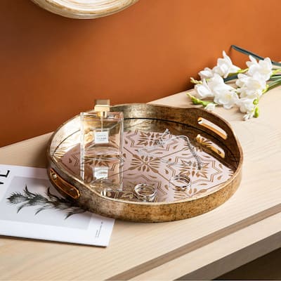 Glitzhome Set of 2 Modern Gold Floral Pattern Mirrored Decorative Trays with Handles