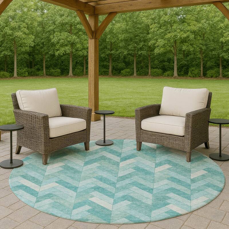 Machine Washable Indoor/ Outdoor Modern Chevron Chantille Rug - Aqua - 8' x 8'