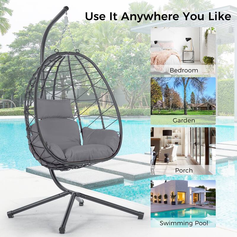 Patio Wicker Hanging Egg Chair with Stand, Swing Chair for Balcony