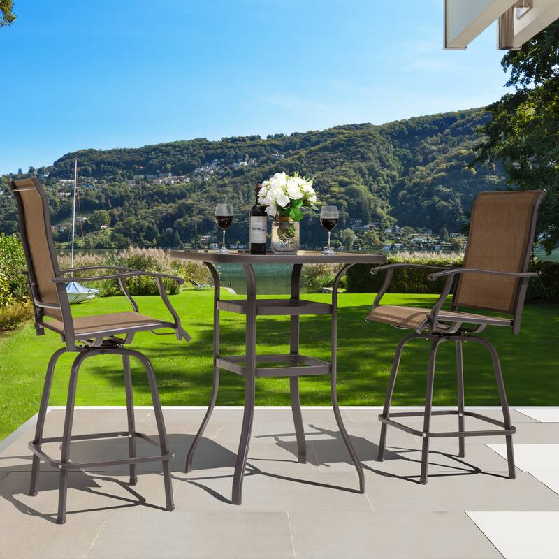 Outdoor Patio Swivel Bar Stool Set with Glass Table, All-Weather Textilene - Brown