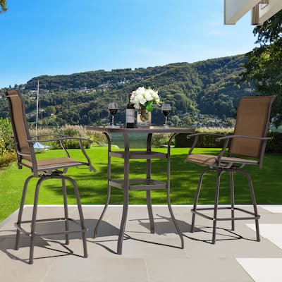 Outdoor Patio Swivel Bar Stool Set with Glass Table, All-Weather Textilene