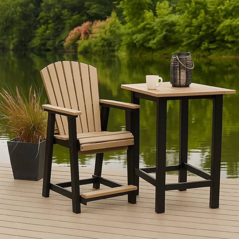 Ashi Outdoor Bar Height Chair Set of 2, Black, Brown Slatted Backrest