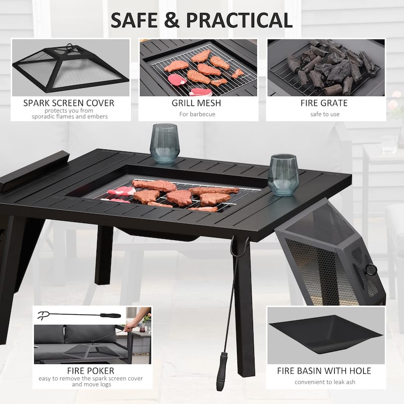 Outsunny 34" x 32" Outdoor Fire Pit, Portable Wood Burning Firepit Table, Barbecue Grill with Spark Screen, Poker