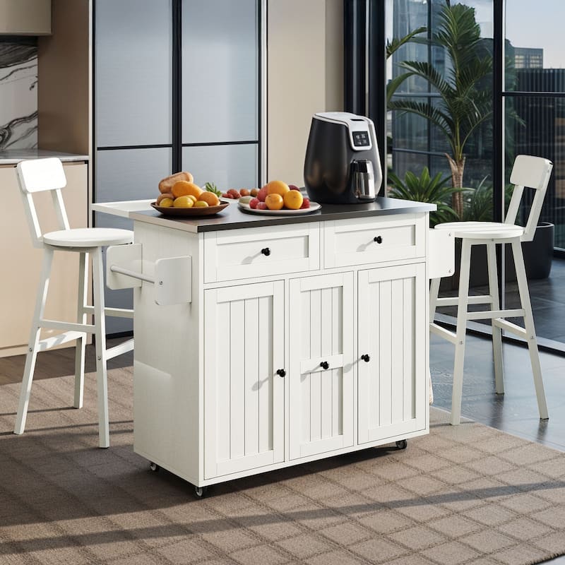 Moasis Wooden Kitchen Island with Drop Leaf Rolling Cart Extra Large Work Surface and Storage Drawers Towel Spice Rack - White - With Seating