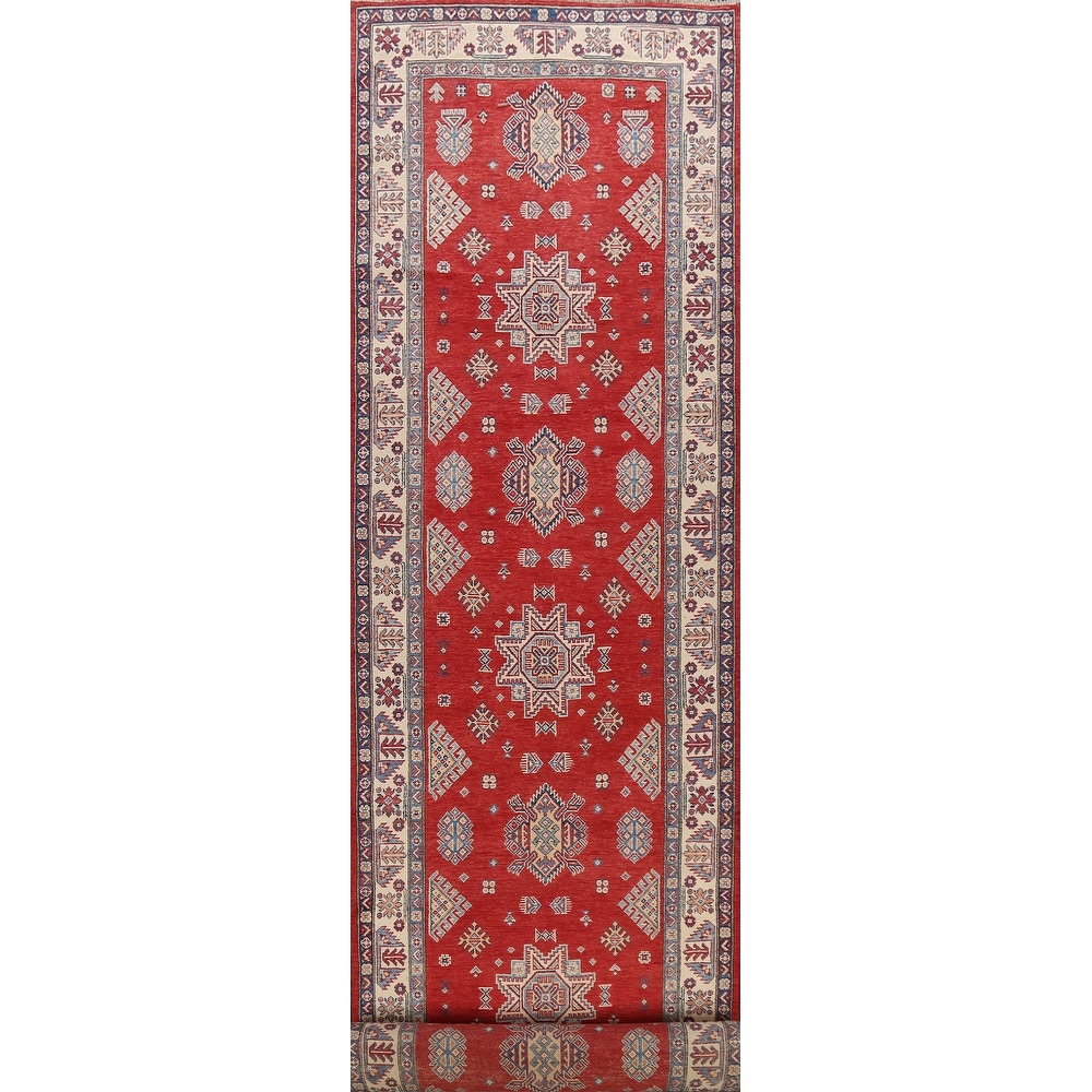 Geometric Traditional Kazak Oriental Long Wool Runner Rug Hand-knotted - 4'1