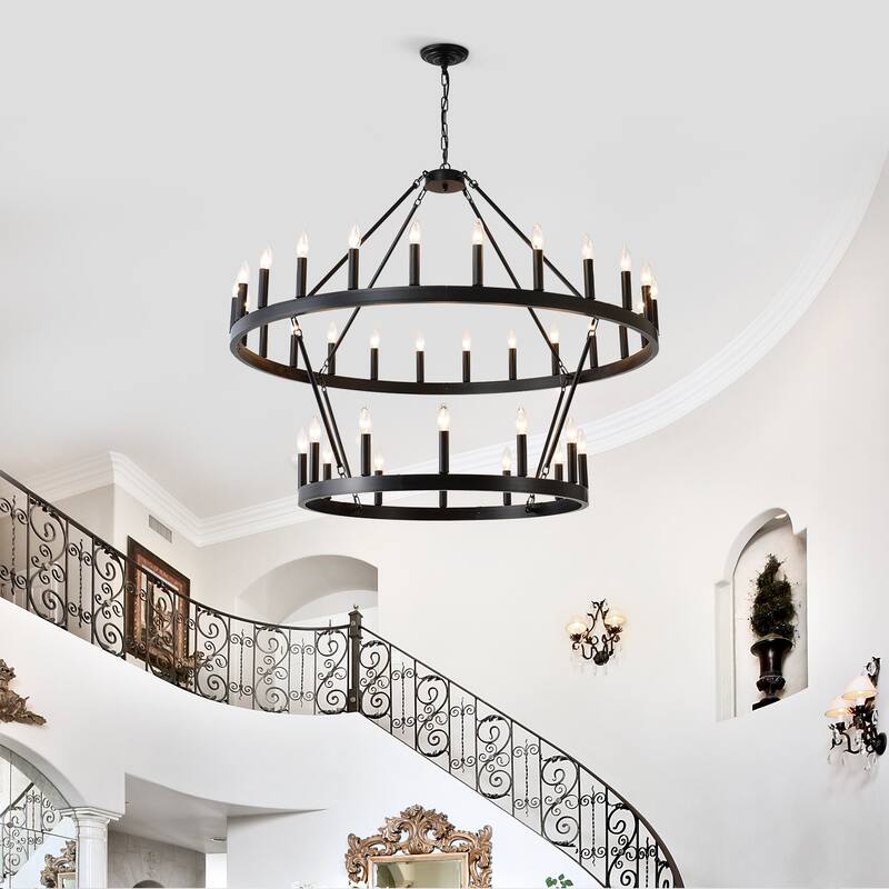 Farmhouse Industrial Style Ceiling Light, 2-Tier 36-Light Wagon Wheel Chandelier, for High-Ceilinged Living Rooms Dining Rooms