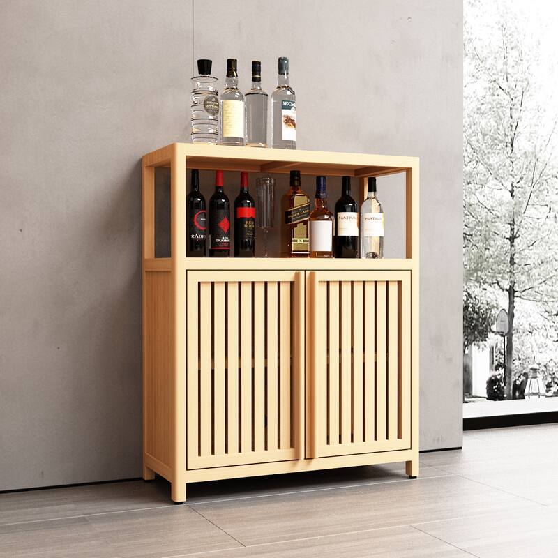 Bamboo Bathroom Storage Cabinet, Freestanding Storage Organizer, Bathroom Floor Cabinet with 2 Shutter Doors & Open Shelf - Neutral