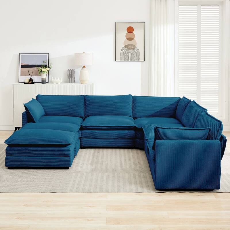 7-Seater Corduroy Sectional Sofa with 2 Removable Ottomans & Corner Seat, Soft & Comfortable - 5 Seats with 2 Ottoman