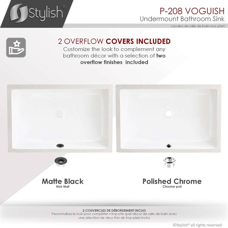 STYLISH 24.5 inches Rectangular Undermount Ceramic Bathroom Sink with 2 Overflow Finishes - 24.5 " x 16.5" x 6.5"