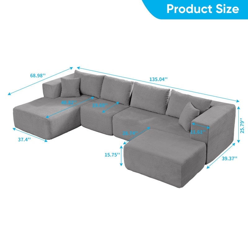 Minimalist 135" Oversized Modular Sofa, 4-Pieces Free Combination, No Assembly Required - U-Shaped Sofa