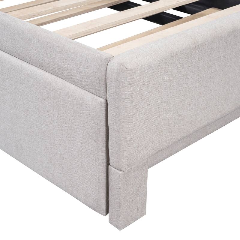 Twin Size L-Shaped Upholstered Daybed with Pull-Out Trundle, Linen Fabric, Convertible to Irregular King