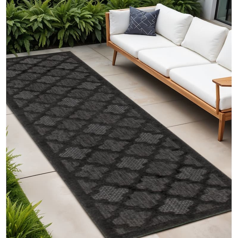 HomeRoots Trellis Contemporary Runner Outdoor Rug - 12' Runner - Charcoal/Black - 12' Runner