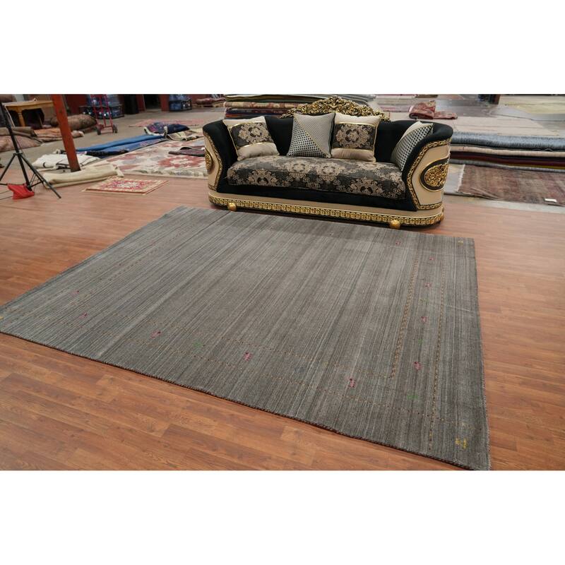 Hand Knotted Oriental 100% Wool Carpet Tribal Animal Pictorial Greys & Charcoal Gabbeh Area Rug - 9' 9'' X 7' 11''