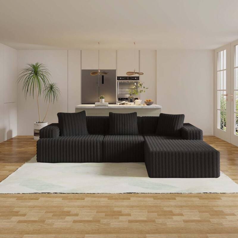 Compression Sectional Sofa with L Shape Chaise, Corduroy Deep Seat Boneless Couches, Modular 3 Seat Corner Sofa