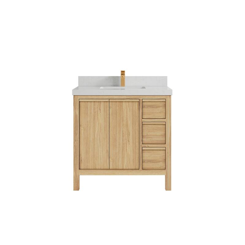 Willow Collections 36 in. W x 22 in. D Elizabeth Solid Teak Wood Center Sink Bathroom Vanity with Countertop - 2" Carrara Quartz - Light Natural Teak