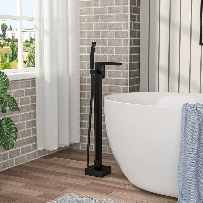 Freestanding Bathtub Faucet Waterfall Tub Filler Brushed Nickel Floor Mount Brass Bathroom Faucets with Hand Shower - Matte Black
