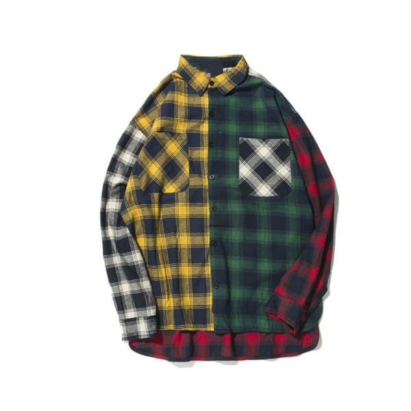 Shop Long Sleeve Shirts Men Hip Hop Color Block Patchwork Plaid
