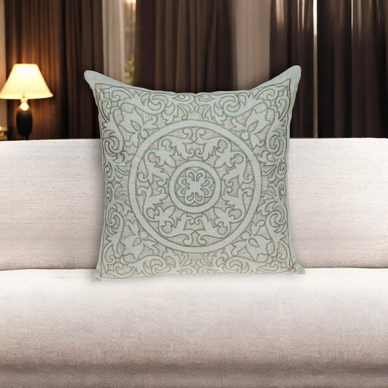 22" Beige and Green Damask Linen Blend Throw Pillow with Embroidery and Applique - Polyester - Single - 22.00 in. x 22.00 in.  x 6.00 in. - Pillow Sets - Green/Beige