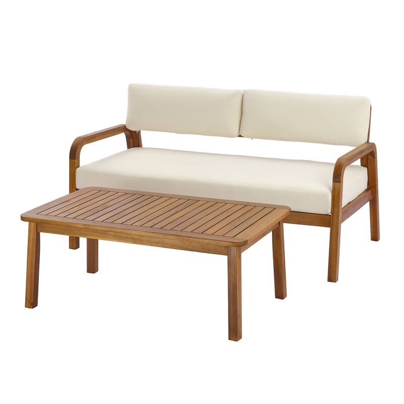Christopher Knight Home - Solid Acacia Wood Outdoor Patio Loveseat & Coffee Table Set - Cream,Teak