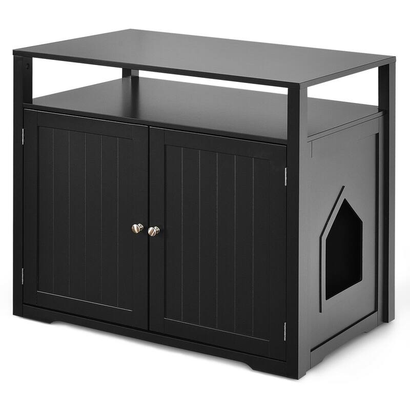 Wooden Cat Litter Box Enclosure Hidden Cat Washroom w/ Storage Layer