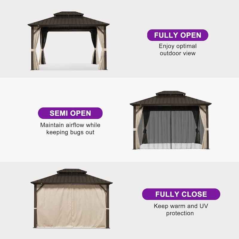 PURPLE LEAF Gazebo Outdoor Gazebo with Dual-Layer Galvanized Steel Double Roof Aluminum Gazebo with Netting and Curtains Bronze