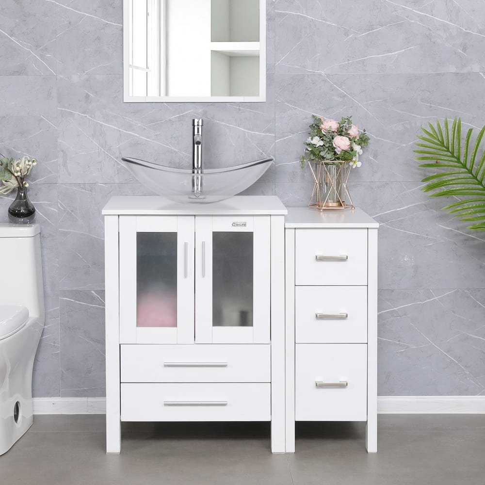 36" White Bathroom Vanity Sink Set with Side Cabinet Vessel Sink Faucet Combo