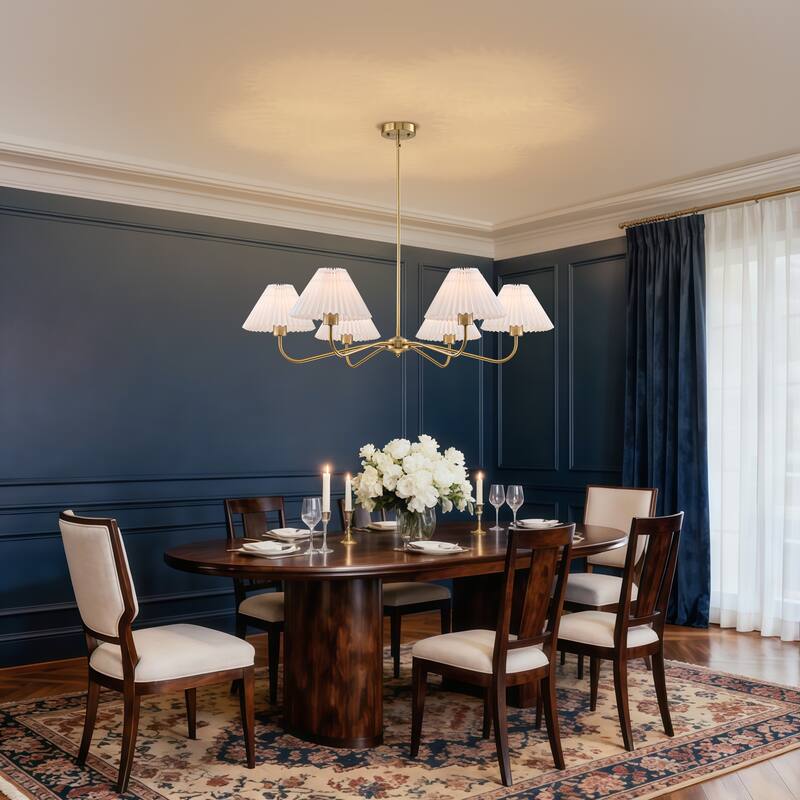 Starsky 6-Light Chandelier with Pleated Fabric Shades Handmade Black & Gold for Dining Room, Kitchen, Living Room and Foyer