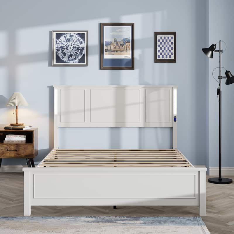Queen Size Platform Bed with Wood Headboard,Charging Station and LED Lights