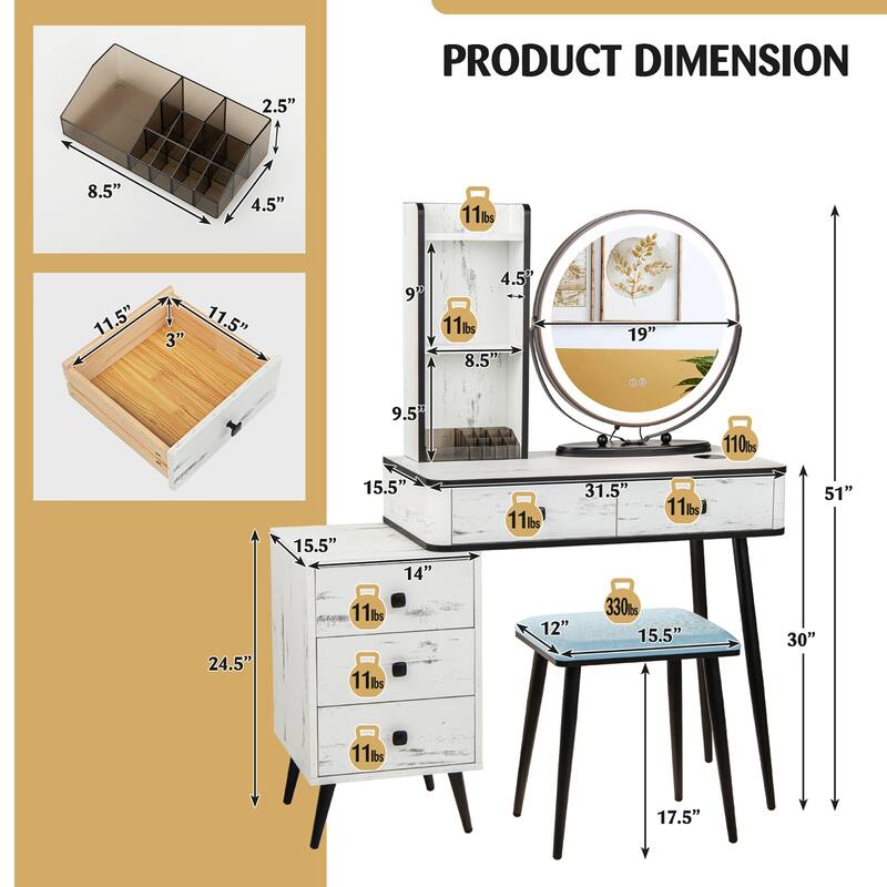 Costway Vanity Makeup Table Set 3-Color Dimmable Human Body Induction - See Details