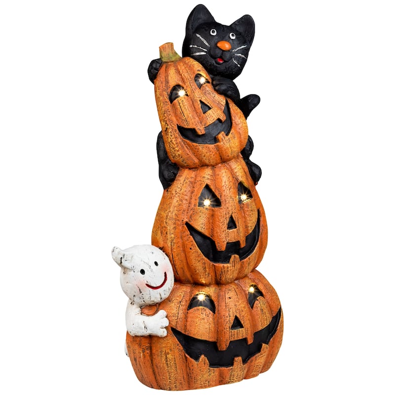 Lighted Stacked Jack-O-Lanterns with Ghost and Black Cat Halloween Decoration - 20" - LED Clear Lights